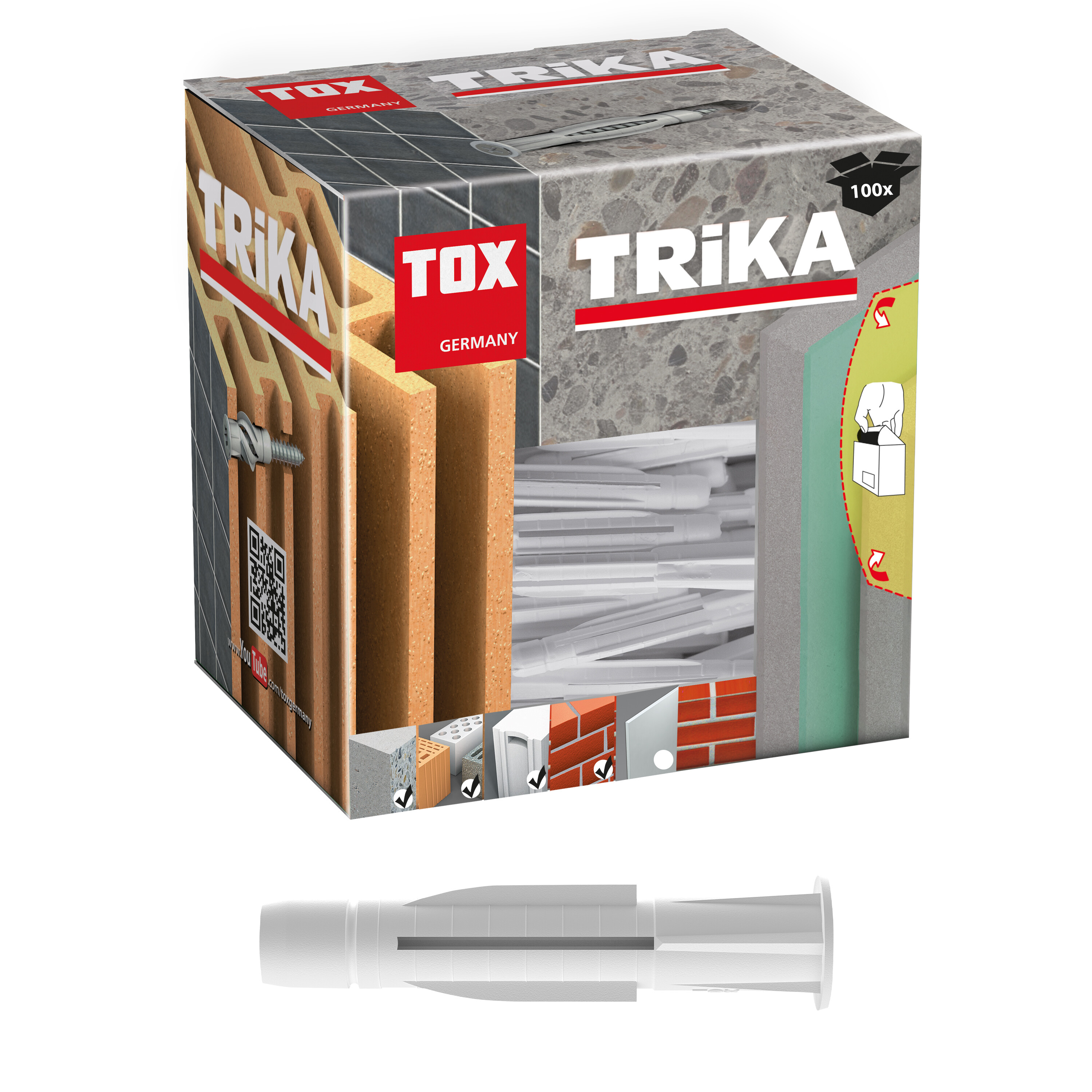 TOX Allzweckdübel TRIKA 6x51 mm, zuverlässige Befestigung in fast allen  Baustoffen, einfache Montage, mitdrehsicher und Dübelkappe schont die  Oberfläche, 100 Stück im Karton, 011100061